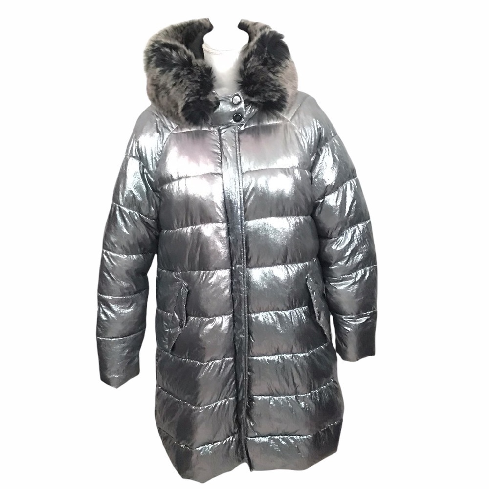 Denny Rose Women’s 42 Shiny Silver Long Puffer Jacket Large